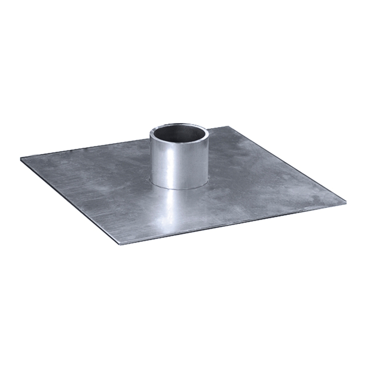 Quadratische, flache Spundwandplatte aus grauem Metall (10 x 10 cm). In der Mitte sitzt ein kurzes, senkrechtes, oben offenes zylindrisches Metallrohr mit 42 mm Durchmesser. Zur stabilen Befestigung eines Rahmens am Spundwandprofil.