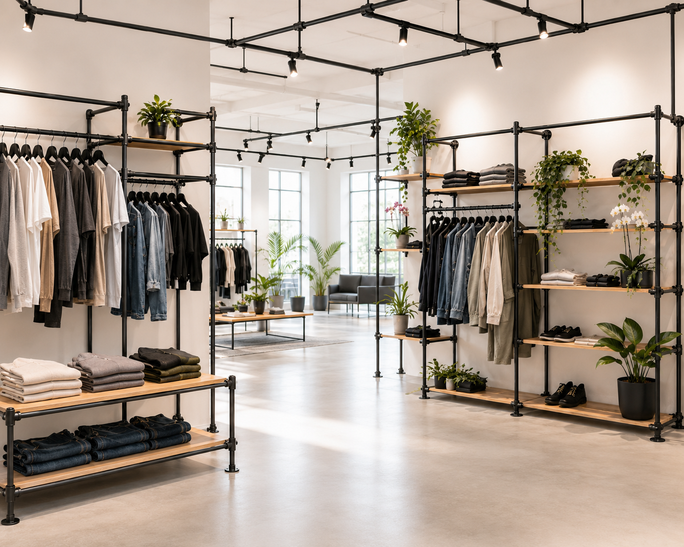 Heller, moderner Kleidungsladen mit schwarzen Regalen aus Rohr und Holz. T‑Shirts, Pullover und Jeans hängen oder liegen gefaltet. Pflanzen als Deko, hinten große Fenster und Sitzecke mit dunklen Sofas.