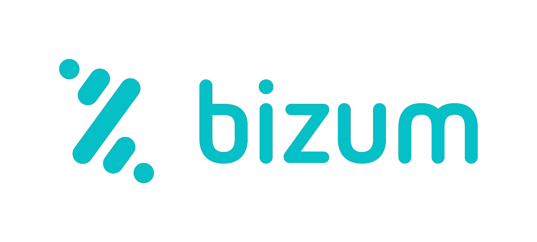Das Bizum-Logo zeigt den Schriftzug 'bizum' in kleinen, abgerundeten türkisfarbenen Buchstaben. Links daneben ein abstraktes Symbol aus kurzen, abgerundeten Linien und Punkten in Türkis, das Dynamik und Vernetzung suggeriert.
