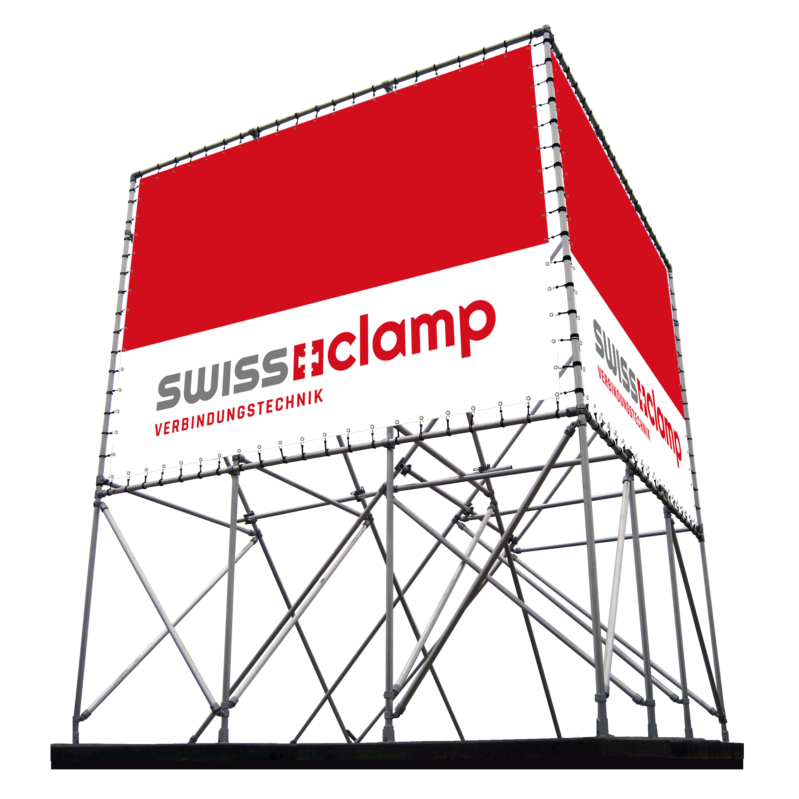 Großer Ausstellungsstand mit stabiler Konstruktion aus silberfarbenen Metallrohren in komplexem Gittermuster. An drei Seiten sind weiße und rote Banner gespannt, mit dem Logo "SWISS clamp VERBINDUNGSTECHNIK".