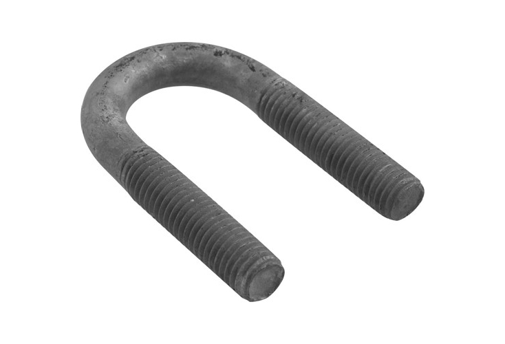 Grauer U-förmiger Metallbügel (U-Bolzen) mit glattem, abgerundetem Bogen oben. Beide parallelen, geraden Schenkel sind vollständig grobgewindig und zeigen eine leicht abgenutzte, raue Metalltextur. Auf weißem Hintergrund.