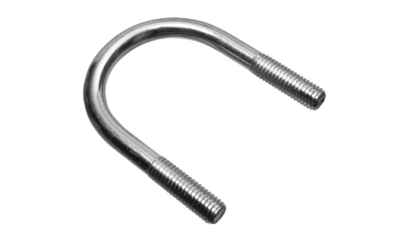 Ein glänzender, silberner U-Bolzen liegt auf weißem Hintergrund. Er hat eine klare U-Form mit glattem, gebogenem oberen Teil und zwei geraden, parallelen Beinen. Beide Enden sind präzise gewindet zum Befestigen.