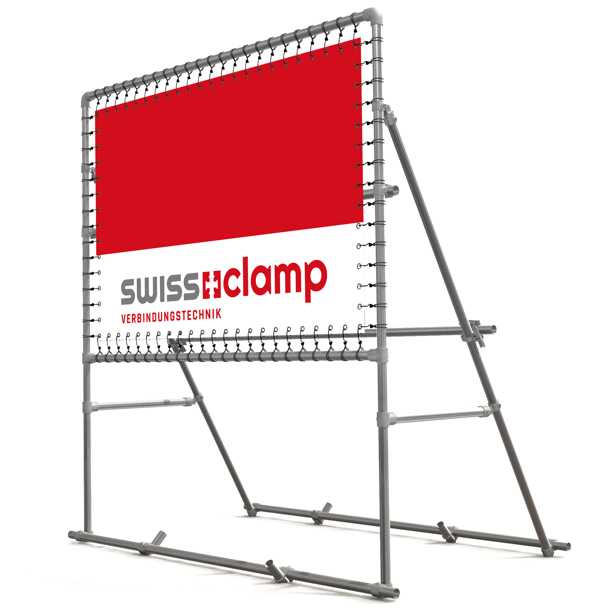 Silbernes Bannergestell aus Metallrohren mit Klemmen hält ein großes rechteckiges Banner: oben rot, unten weiß, Logo "SWISS clamp" mit "VERBINDUNGSTECHNIK". Schwarze Gummispanner fixieren es ringsum, breiter Stand sorgt für Stabilität.