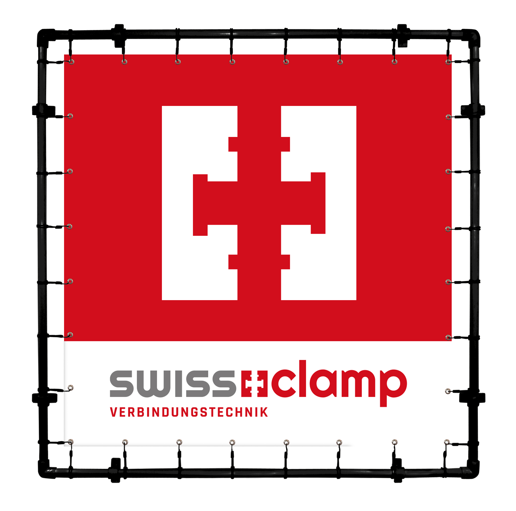Quadratischer schwarzer Stahlspannrahmen mit horizontalen/vertikalen Rohren und schwarzen Verbindern. Im Rahmen straff gespanntes rotes/weißes Werbebanner mit weißem Kreuzlogo und Text "SWISSclamp VERBINDUNGSTECHNIK".