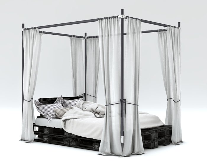 Modernes Himmelbett mit dunklem Metallgestell und zurückgebundenen, hellen, durchscheinenden Vorhängen. Gestell aus gestapelten, dunklen Holzpaletten. Weißer Bettbezug und Kissen (kariert/einfarbig). Vor weißem Hintergrund.